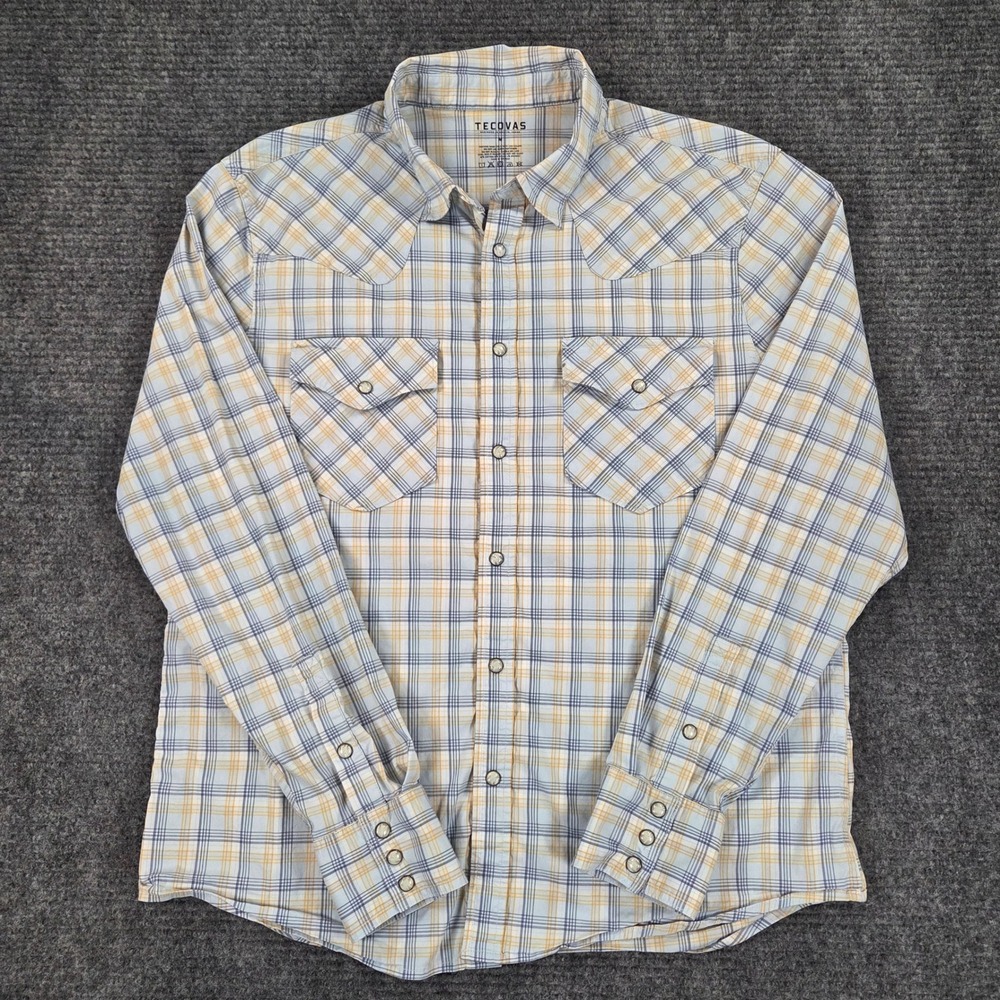 Tecovas Mens Blue Yellow Plaid Pearl Snap Western Shirt Medium Stretch Cotton